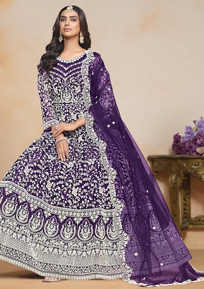 Purple Embroidered Net Salwar Kameez With Dupatta - Indya