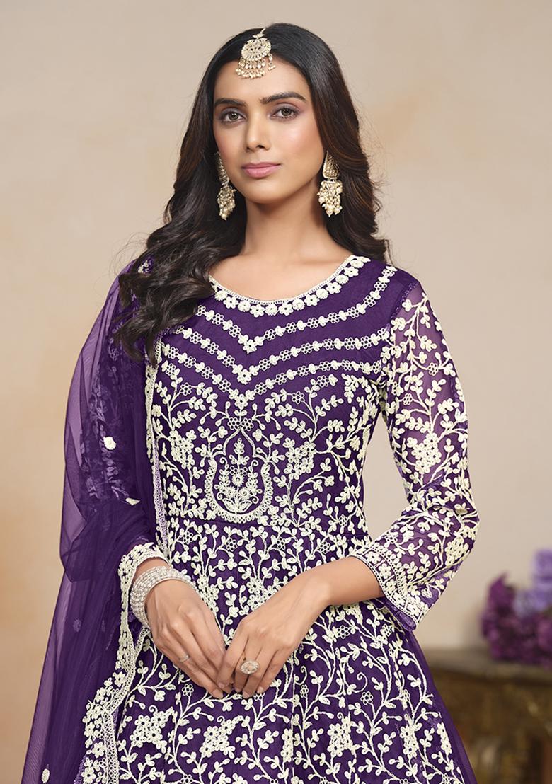 Purple Embroidered Net Salwar Kameez With Dupatta - Indya