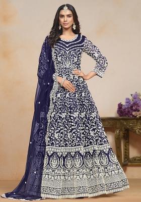 Blue Embroidered Net Salwar Kameez With Dupatta