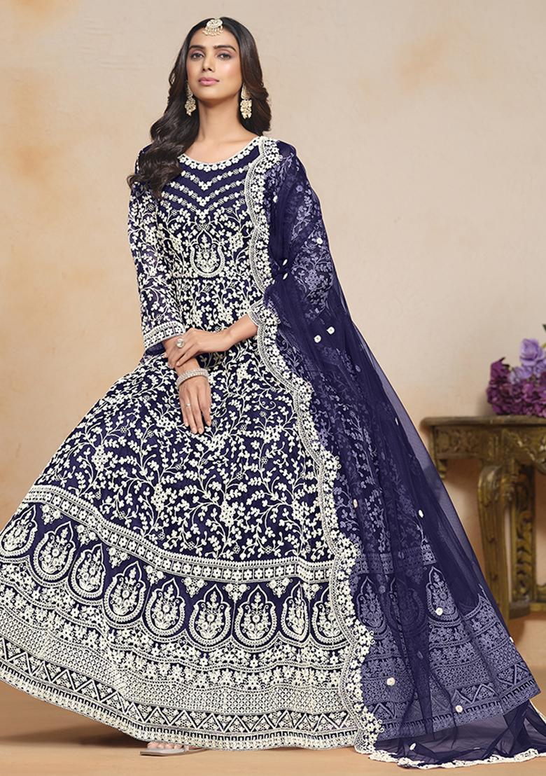 Blue Embroidered Net Salwar Kameez With Dupatta - Indya