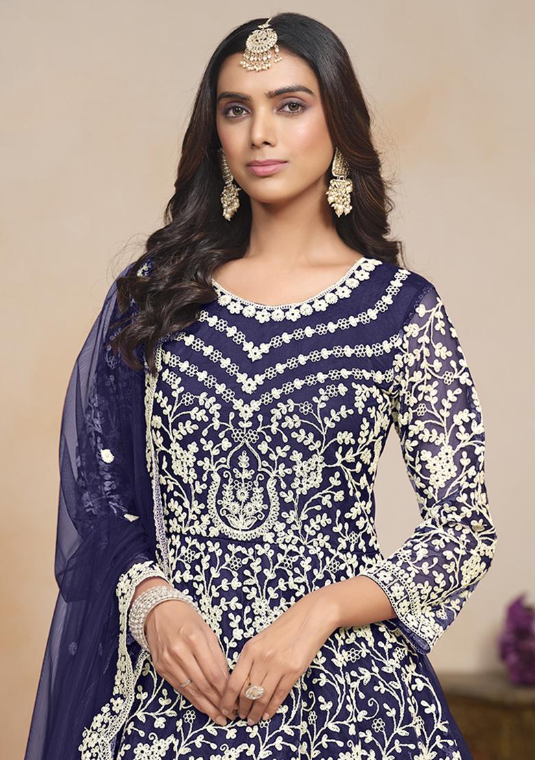 Blue Embroidered Net Salwar Kameez With Dupatta - Indya