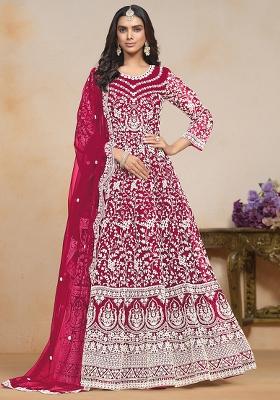 Pink Embroidered Net Salwar Kameez With Dupatta