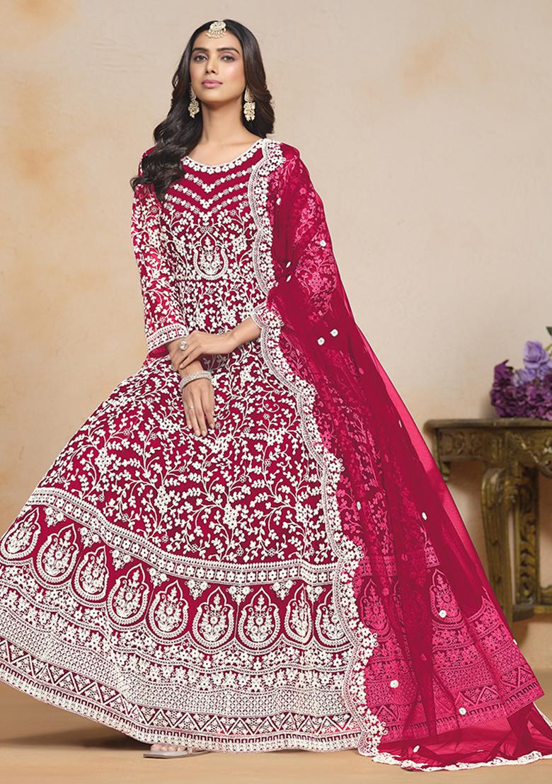 Pink Embroidered Net Salwar Kameez With Dupatta - Indya