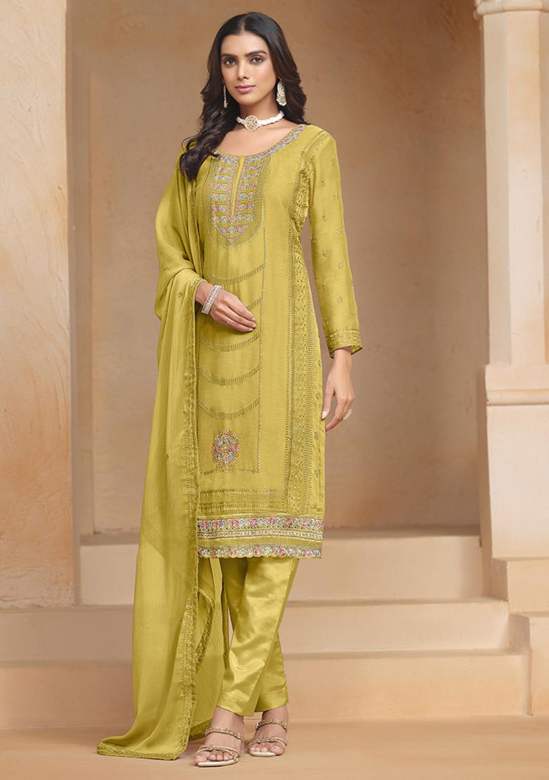 Red Embroidered Organza Salwar Kameez With Dupatta - Indya