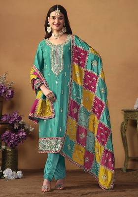 Blue Embroidered Chinon Salwar Kameez With Dupatta