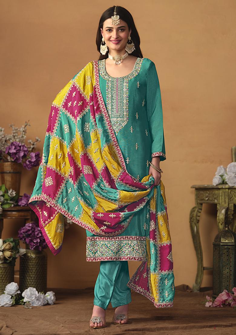 Blue Embroidered Chinon Salwar Kameez With Dupatta - Indya