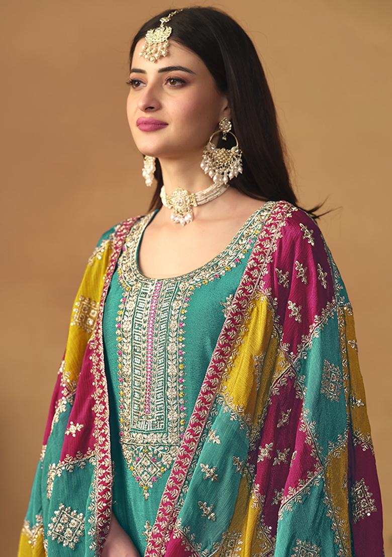 Blue Embroidered Chinon Salwar Kameez With Dupatta - Indya