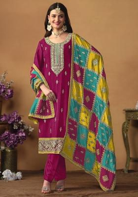 Pink Embroidered Chinon Salwar Kameez With Dupatta