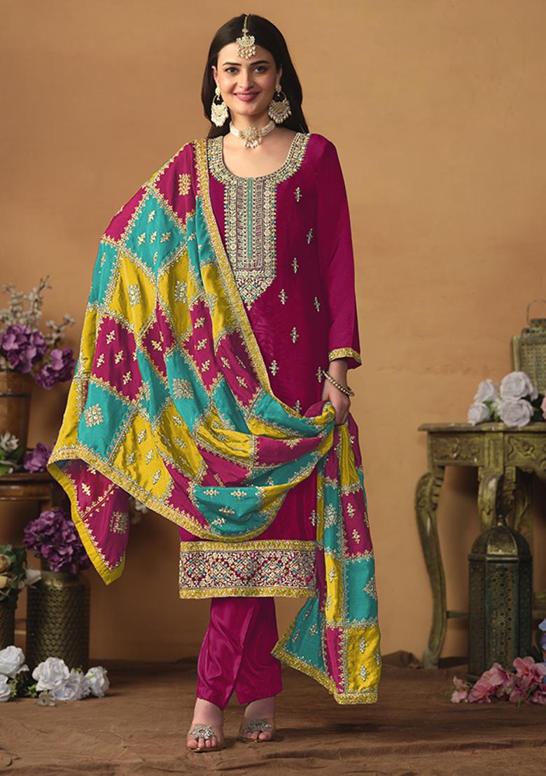 Pink Embroidered Chinon Salwar Kameez With Dupatta - Indya