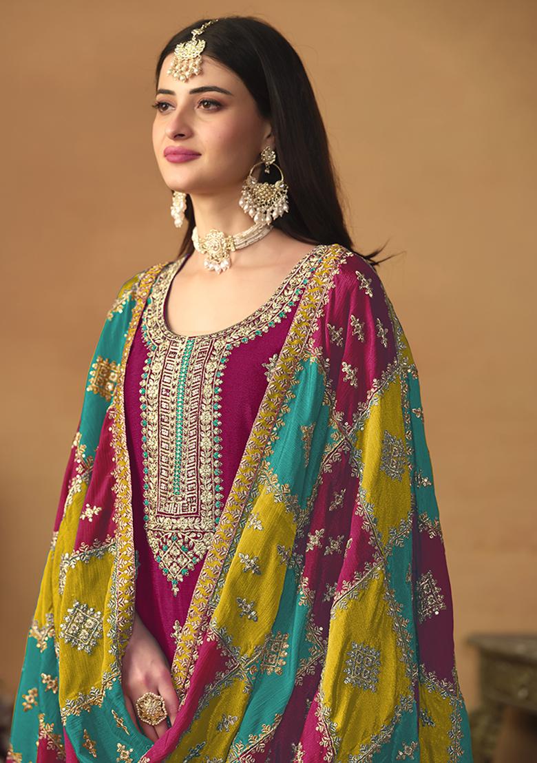 Pink Embroidered Chinon Salwar Kameez With Dupatta - Indya