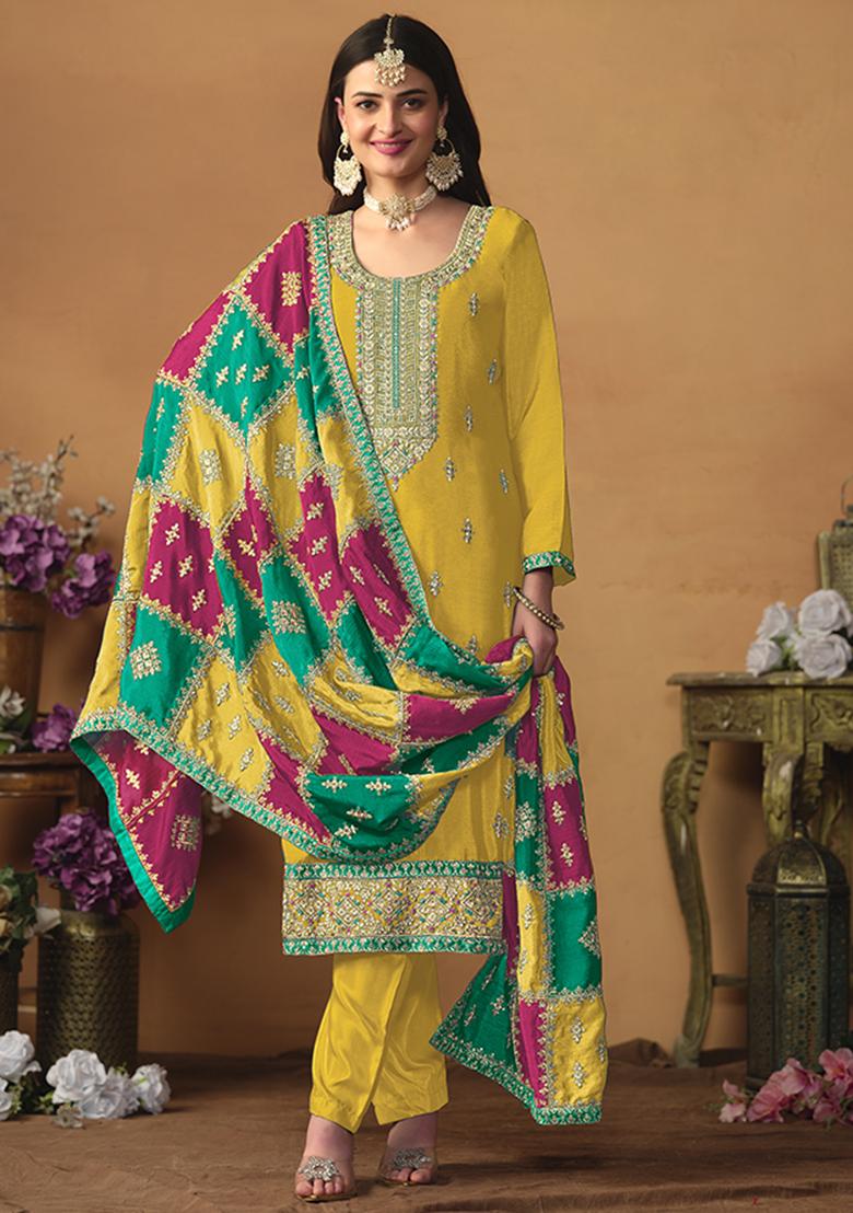 Red Embroidered Chinon Salwar Kameez With Dupatta - Indya