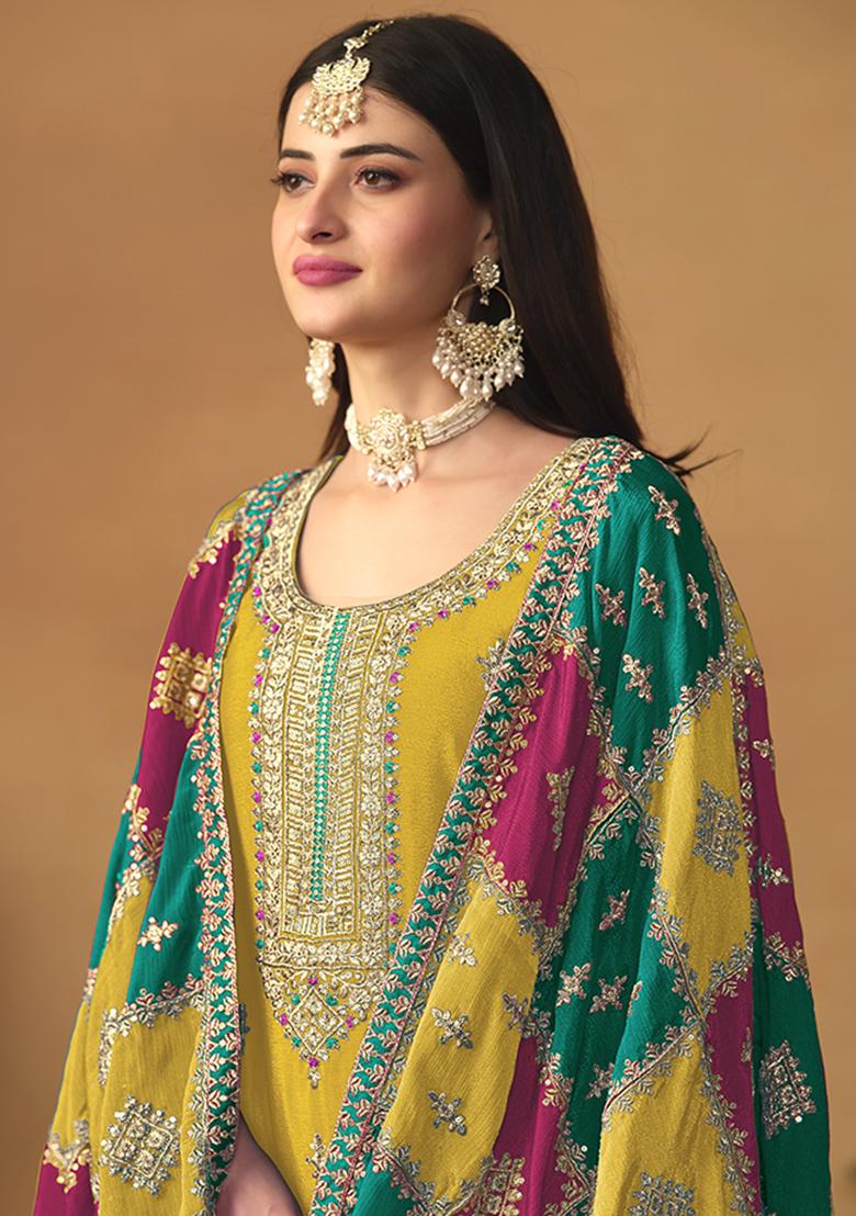 Red Embroidered Chinon Salwar Kameez With Dupatta - Indya