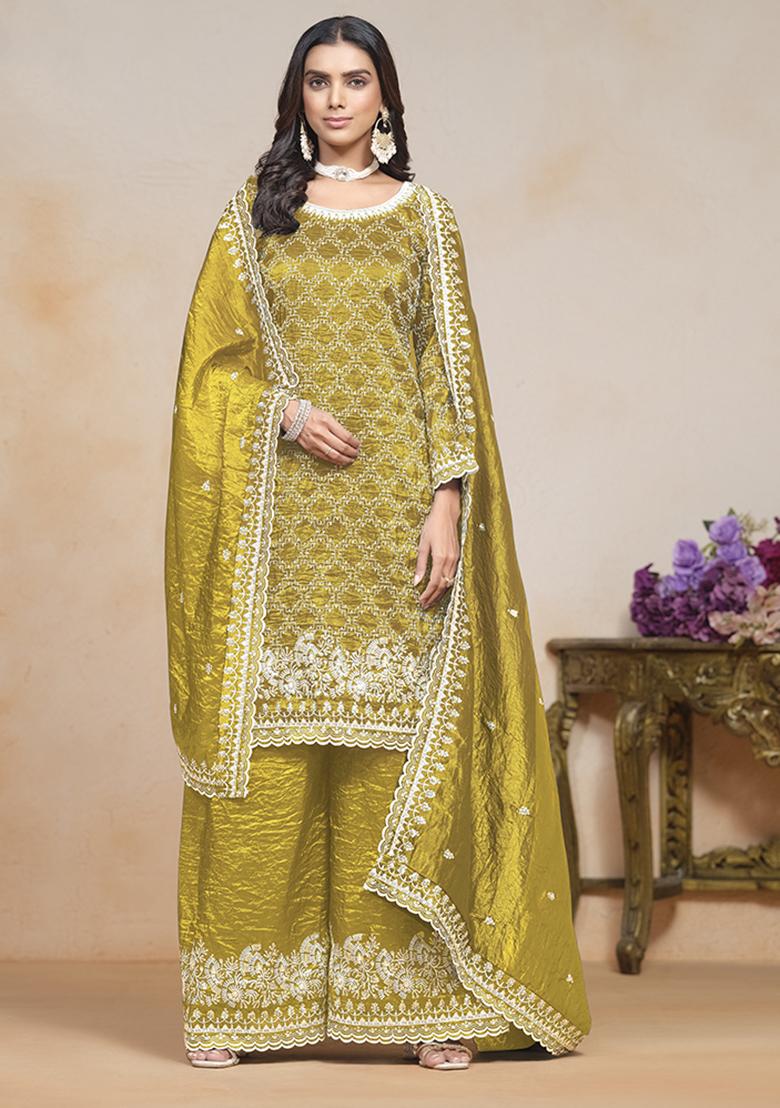 Red Embroidered Silk Salwar Kameez With Dupatta - Indya