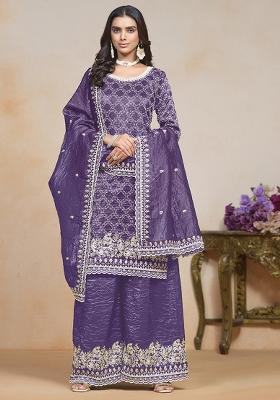 Purple Embroidered Silk Salwar Kameez With Dupatta