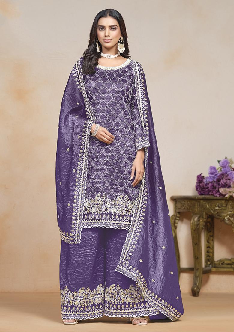 Purple Embroidered Silk Salwar Kameez With Dupatta - Indya