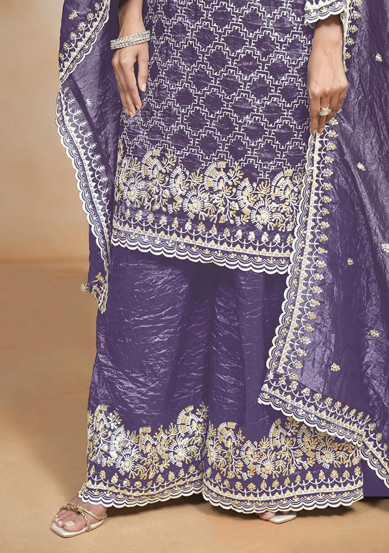Purple Embroidered Silk Salwar Kameez With Dupatta - Indya