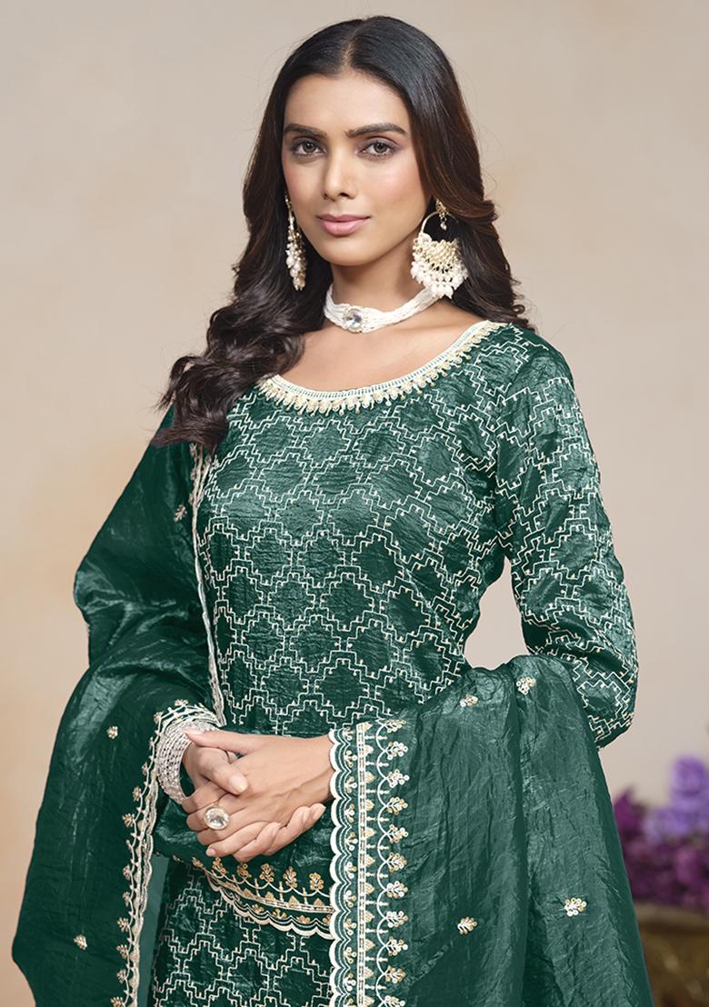 Green Embroidered Silk Salwar Kameez With Dupatta - Indya