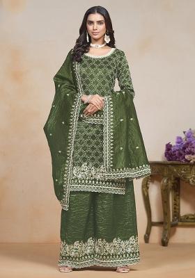 Green Embroidered Silk Salwar Kameez With Dupatta