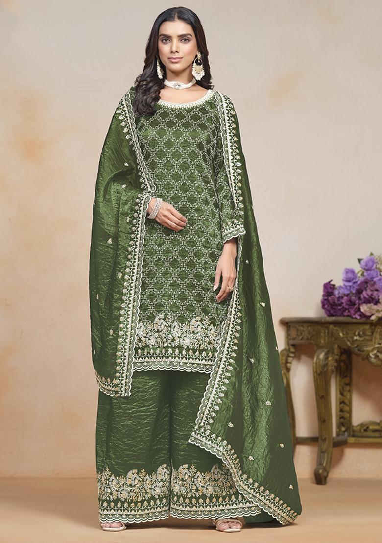 Green Embroidered Silk Salwar Kameez With Dupatta - Indya