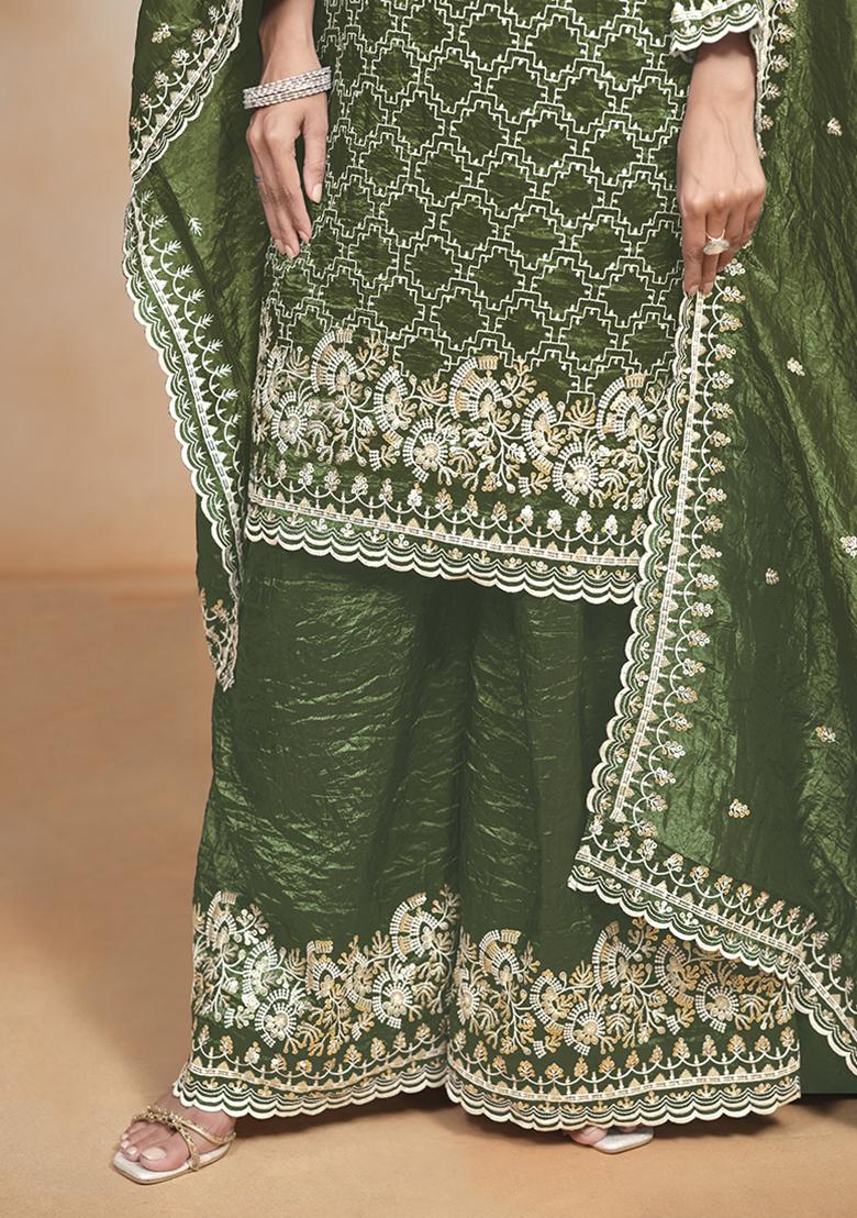 Green Embroidered Silk Salwar Kameez With Dupatta - Indya