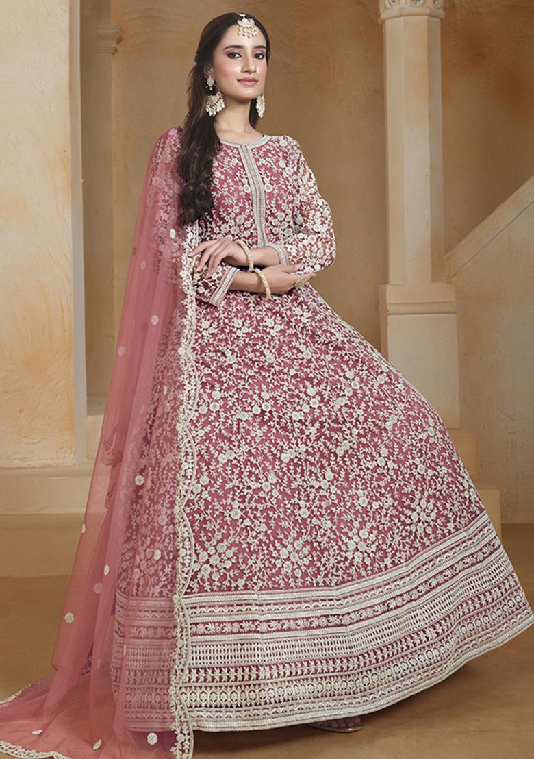 Pink Embroidered Net Salwar Kameez With Dupatta - Indya