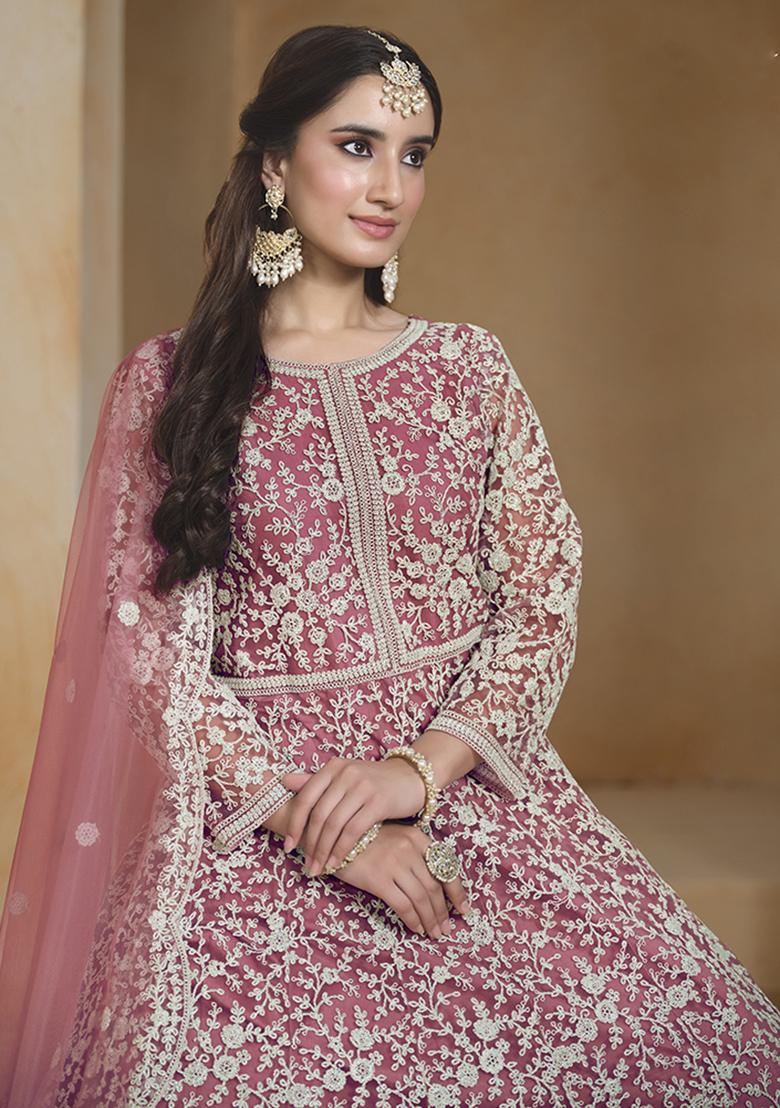 Pink Embroidered Net Salwar Kameez With Dupatta - Indya