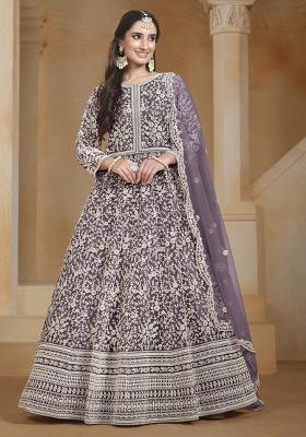 Purple Embroidered Net Salwar Kameez With Dupatta