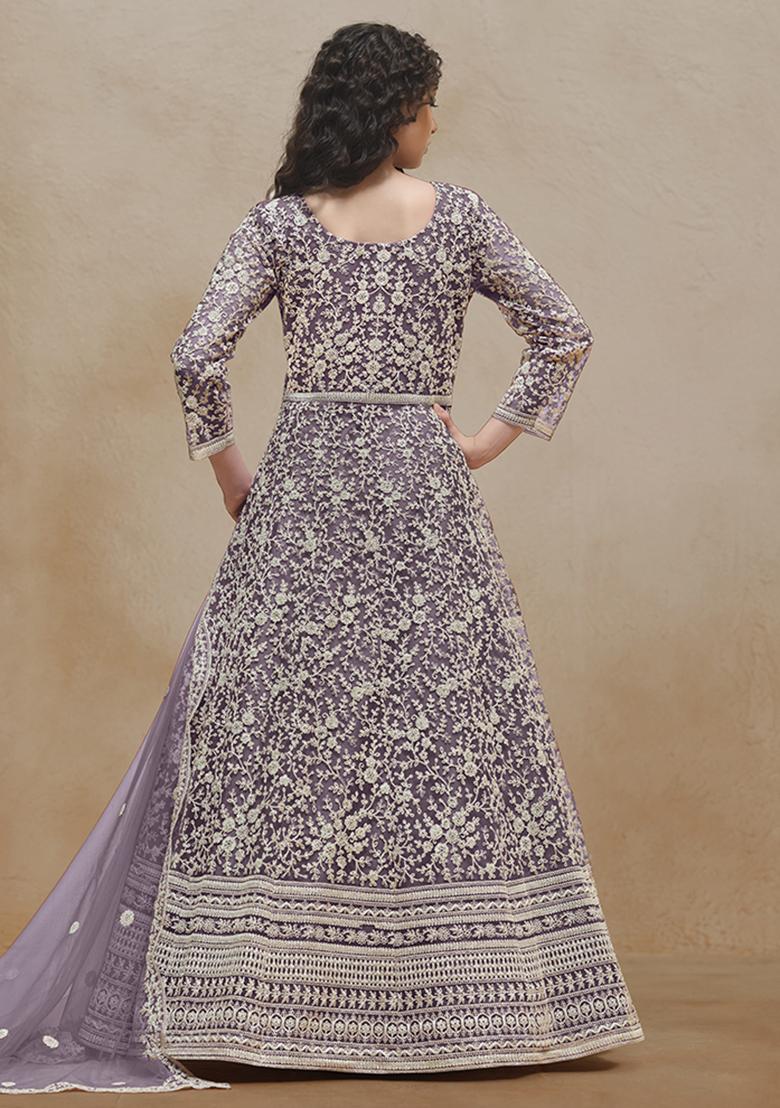 Purple Embroidered Net Salwar Kameez With Dupatta - Indya
