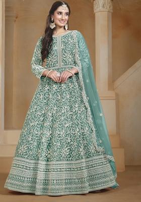 Blue Embroidered Net Salwar Kameez With Dupatta