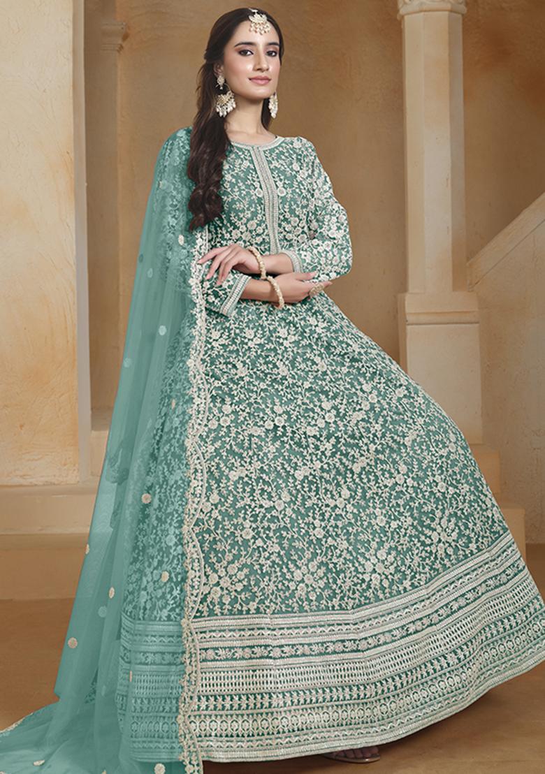 Blue Embroidered Net Salwar Kameez With Dupatta - Indya