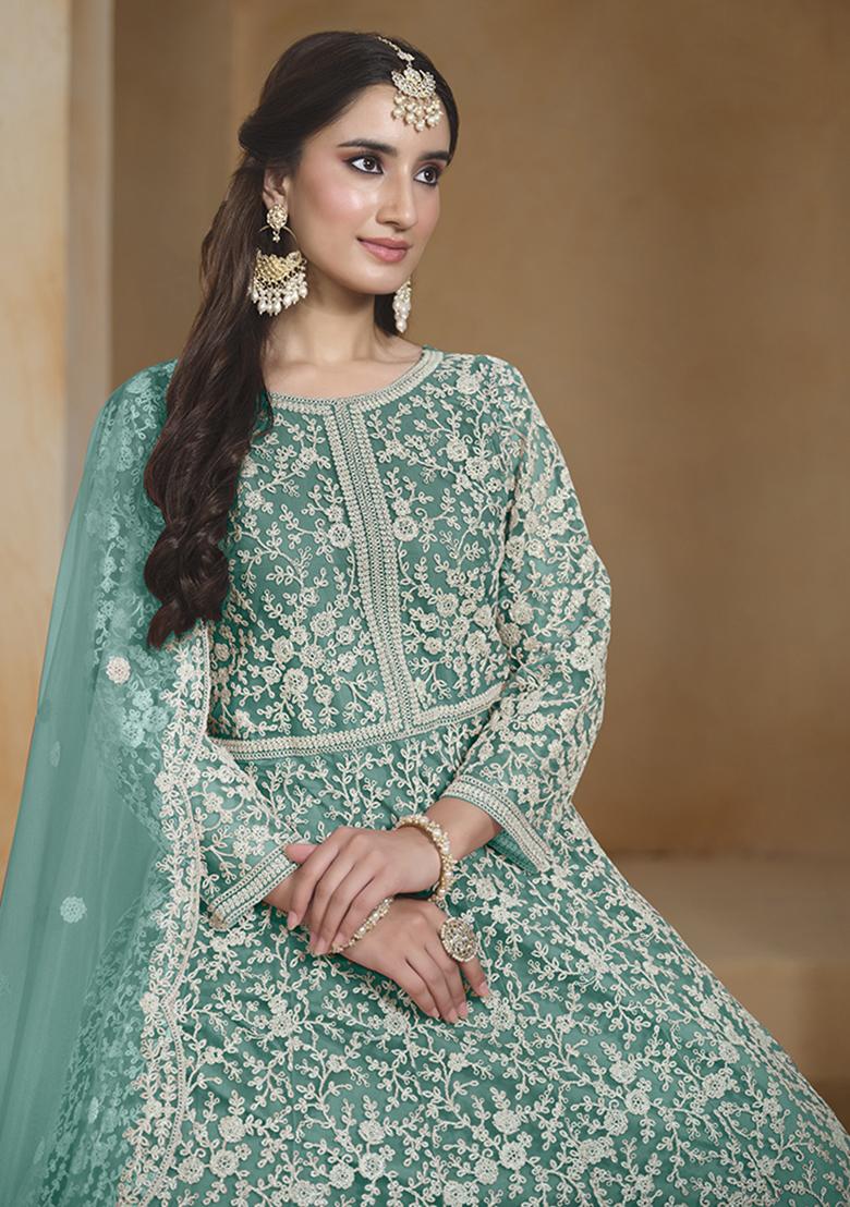 Blue Embroidered Net Salwar Kameez With Dupatta - Indya