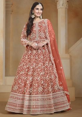 Orange Embroidered Net Salwar Kameez With Dupatta
