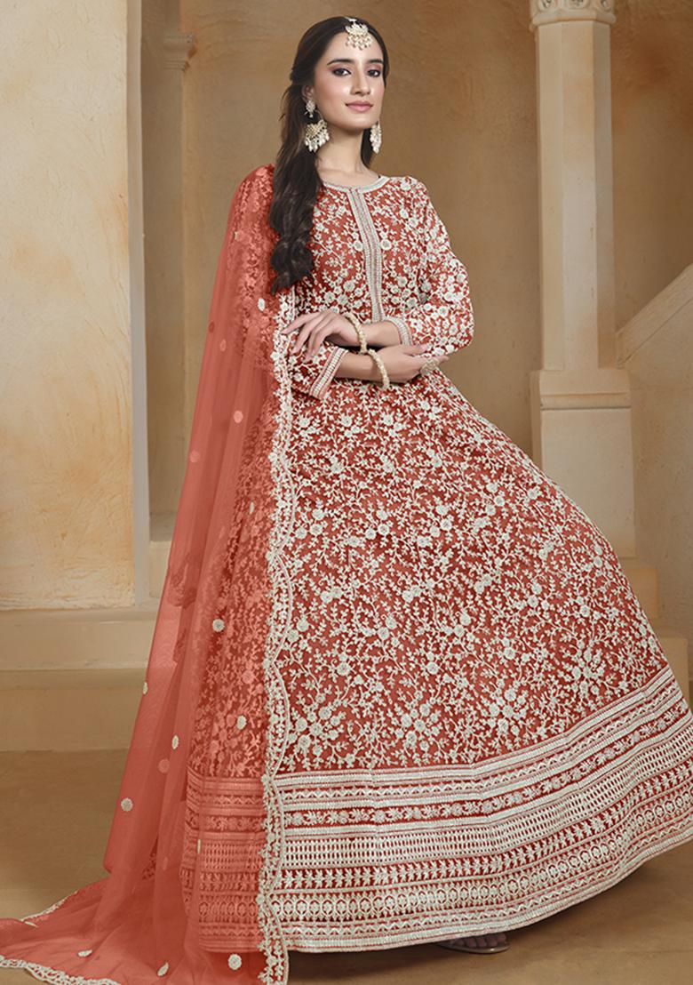 Orange Embroidered Net Salwar Kameez With Dupatta - Indya