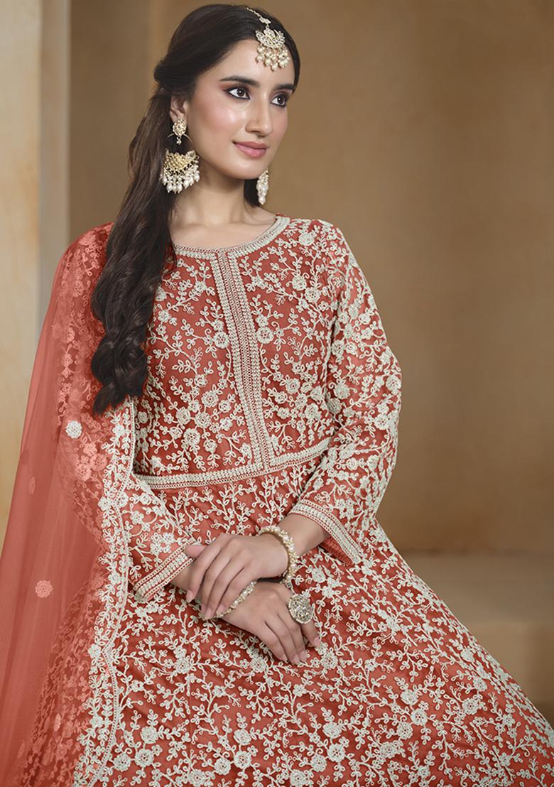 Orange Embroidered Net Salwar Kameez With Dupatta - Indya