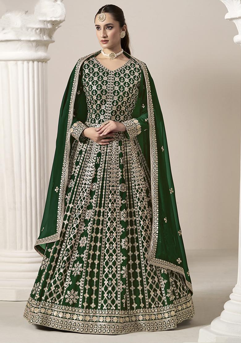Green Embroidered Georgette Salwar Kameez With Dupatta - Indya
