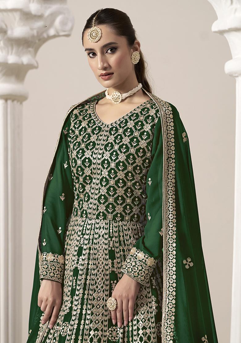 Green Embroidered Georgette Salwar Kameez With Dupatta - Indya