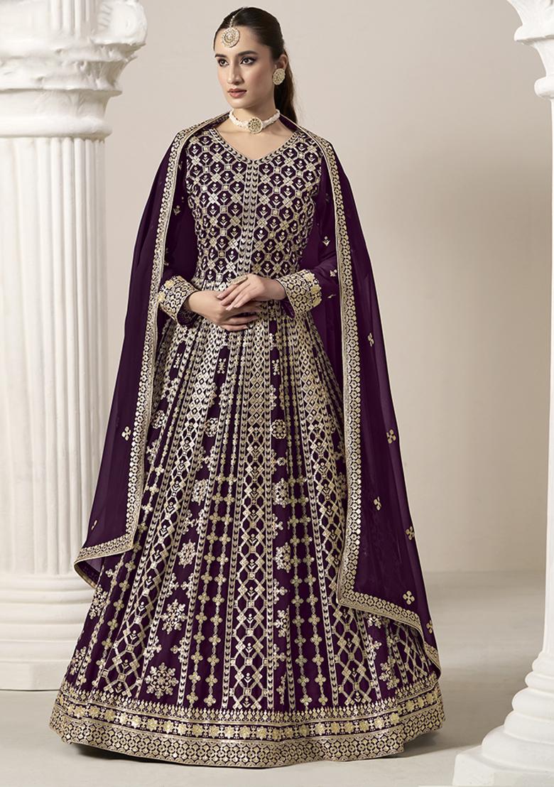 Purple Embroidered Georgette Salwar Kameez With Dupatta - Indya