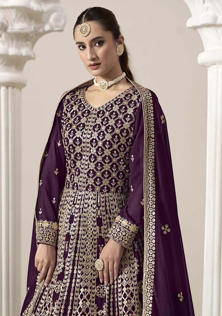 Purple Embroidered Georgette Salwar Kameez With Dupatta - Indya