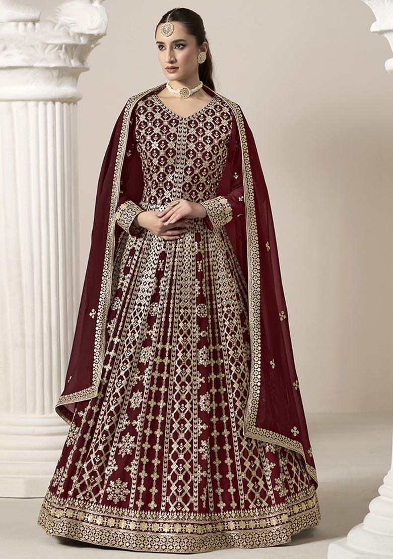 Maroon Embroidered Georgette Salwar Kameez With Dupatta - Indya