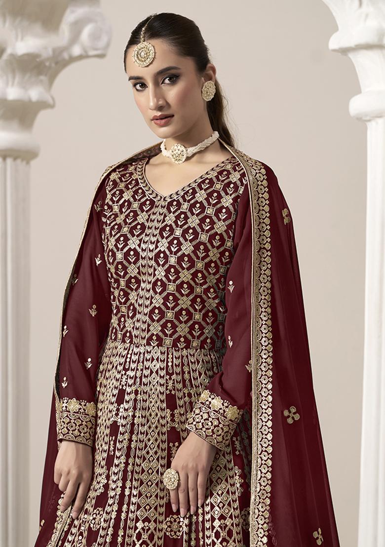Maroon Embroidered Georgette Salwar Kameez With Dupatta - Indya