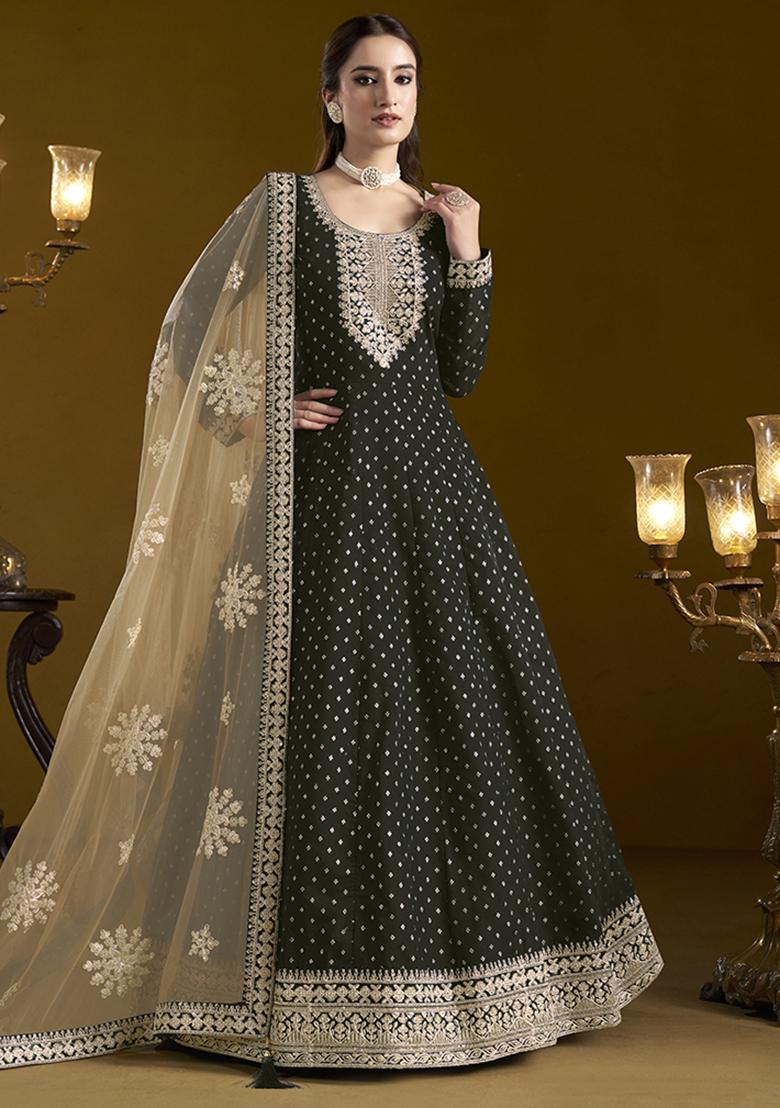 Black Embroidered Chanderi Salwar Kameez With Dupatta - Indya