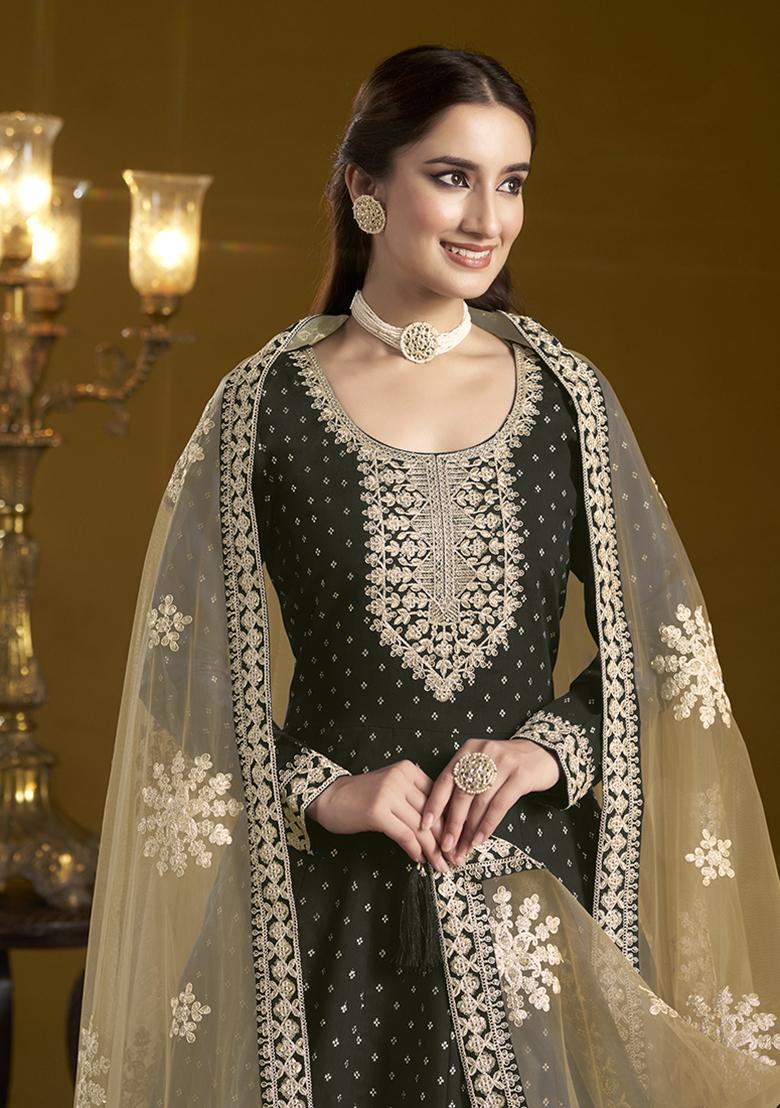 Black Embroidered Chanderi Salwar Kameez With Dupatta - Indya