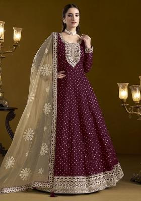 Maroon Embroidered Chanderi Salwar Kameez With Dupatta