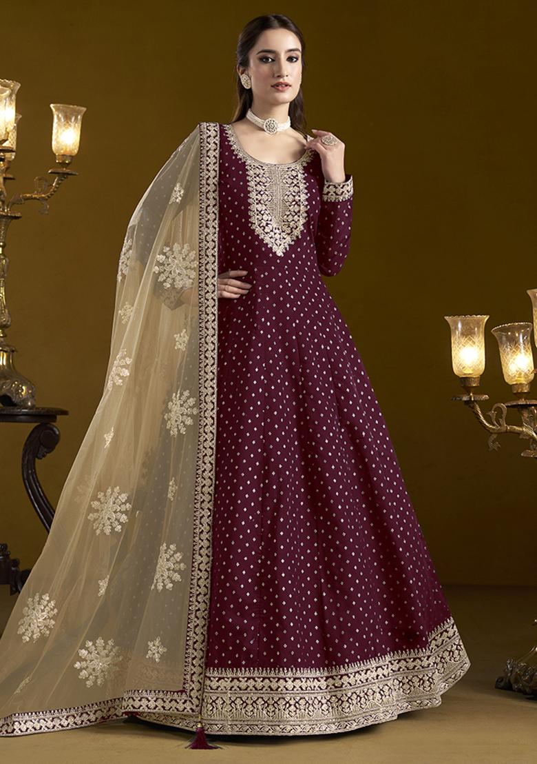 Maroon Embroidered Chanderi Salwar Kameez With Dupatta - Indya
