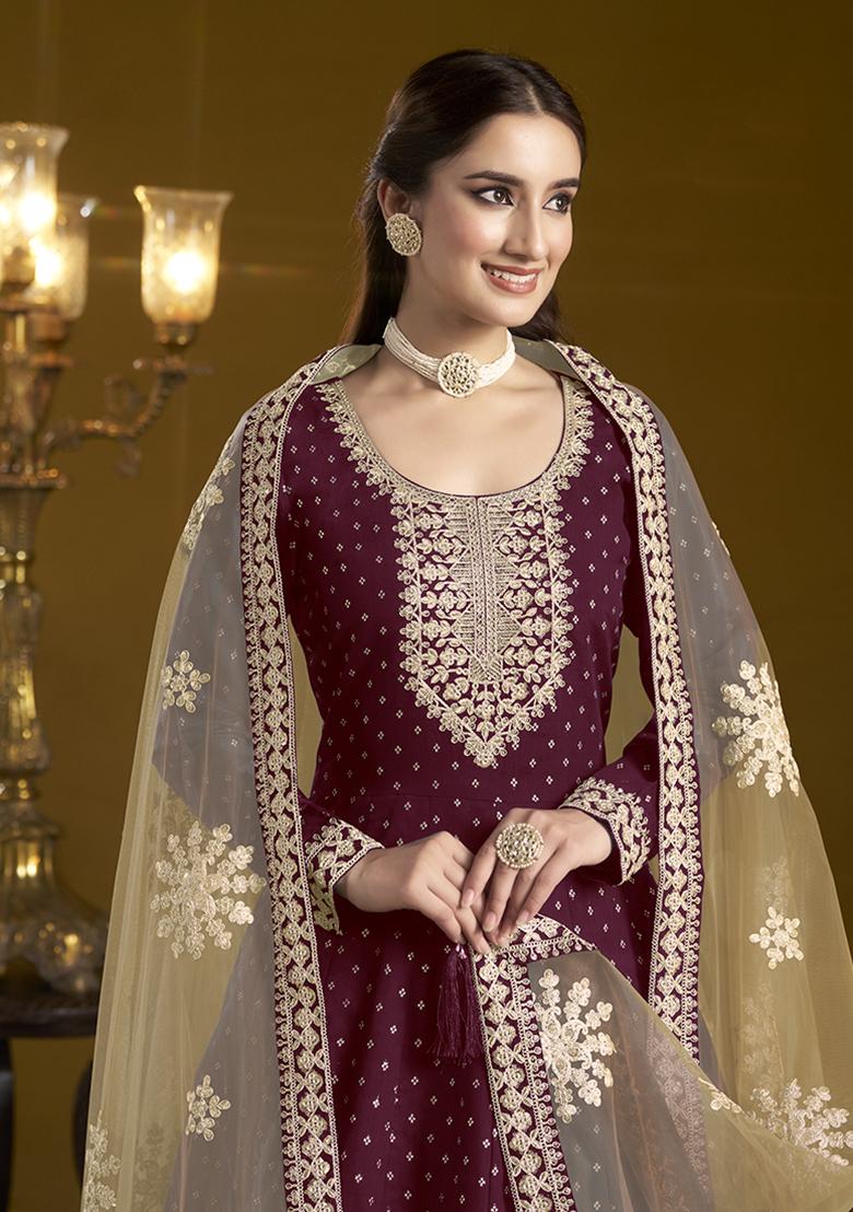 Maroon Embroidered Chanderi Salwar Kameez With Dupatta - Indya