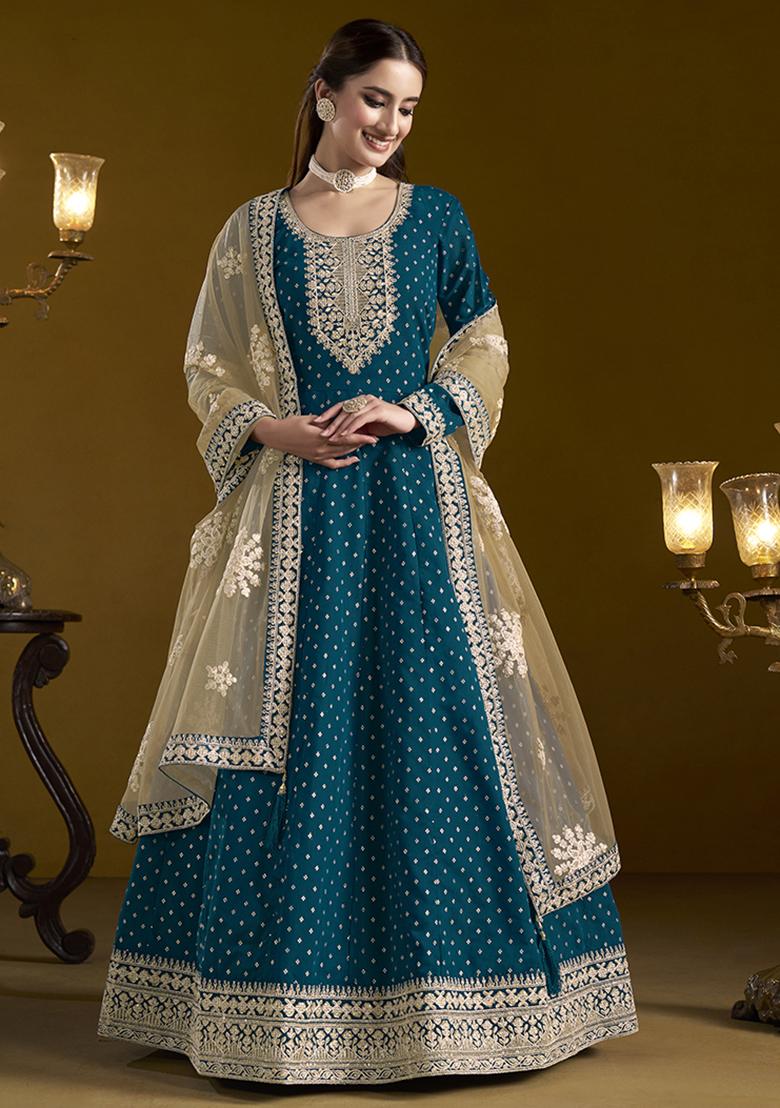 Blue Embroidered Chanderi Salwar Kameez With Dupatta - Indya