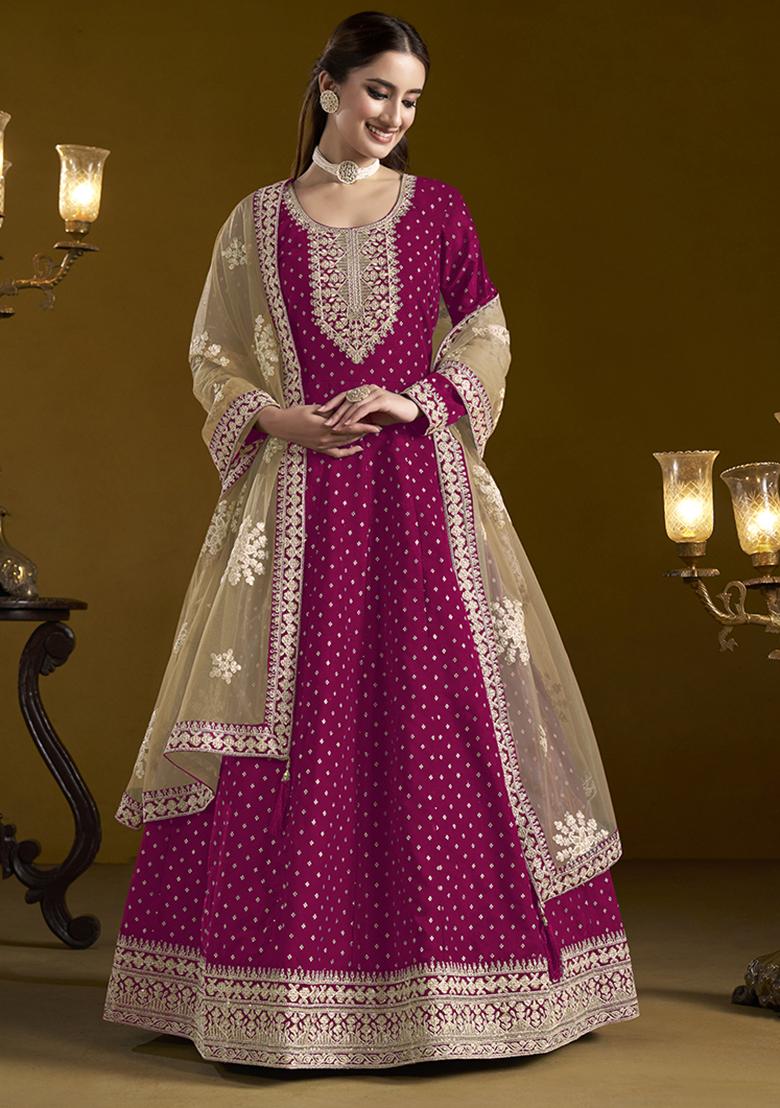 Purple Embroidered Chanderi Salwar Kameez With Dupatta - Indya