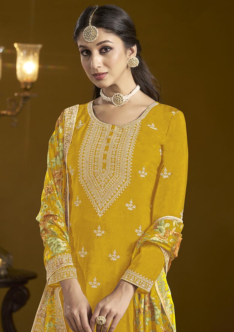Yellow Embroidered Chinon Salwar Kameez With Dupatta - Indya