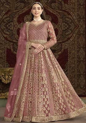 Pink Embroidered Net Kurta With Dupatta