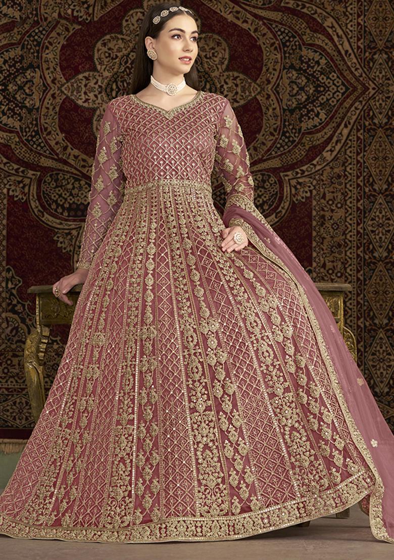 Pink Embroidered Net Kurta With Dupatta - Indya